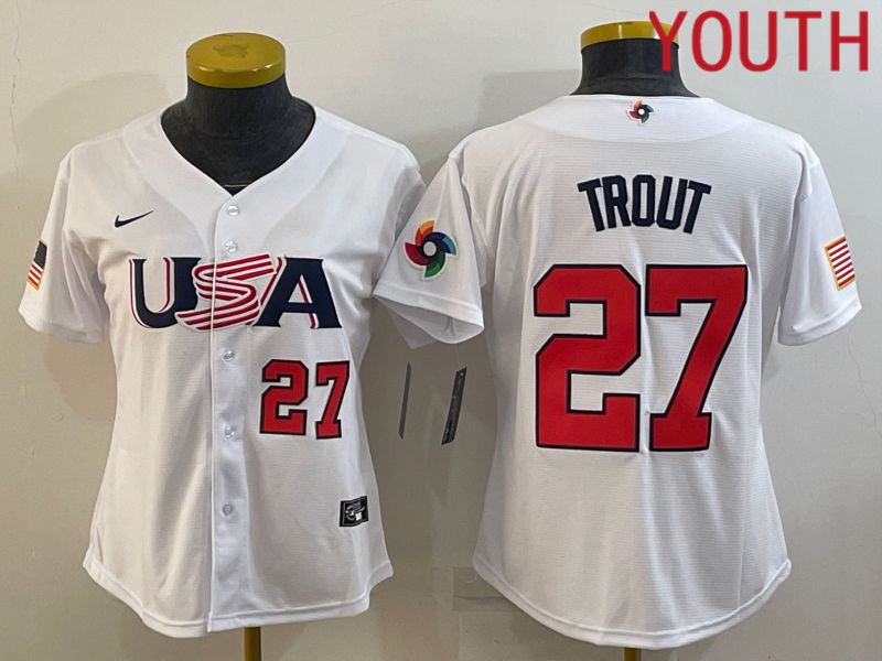 Youth 2023 World Cub USA #27 Trout White MLB Jersey2